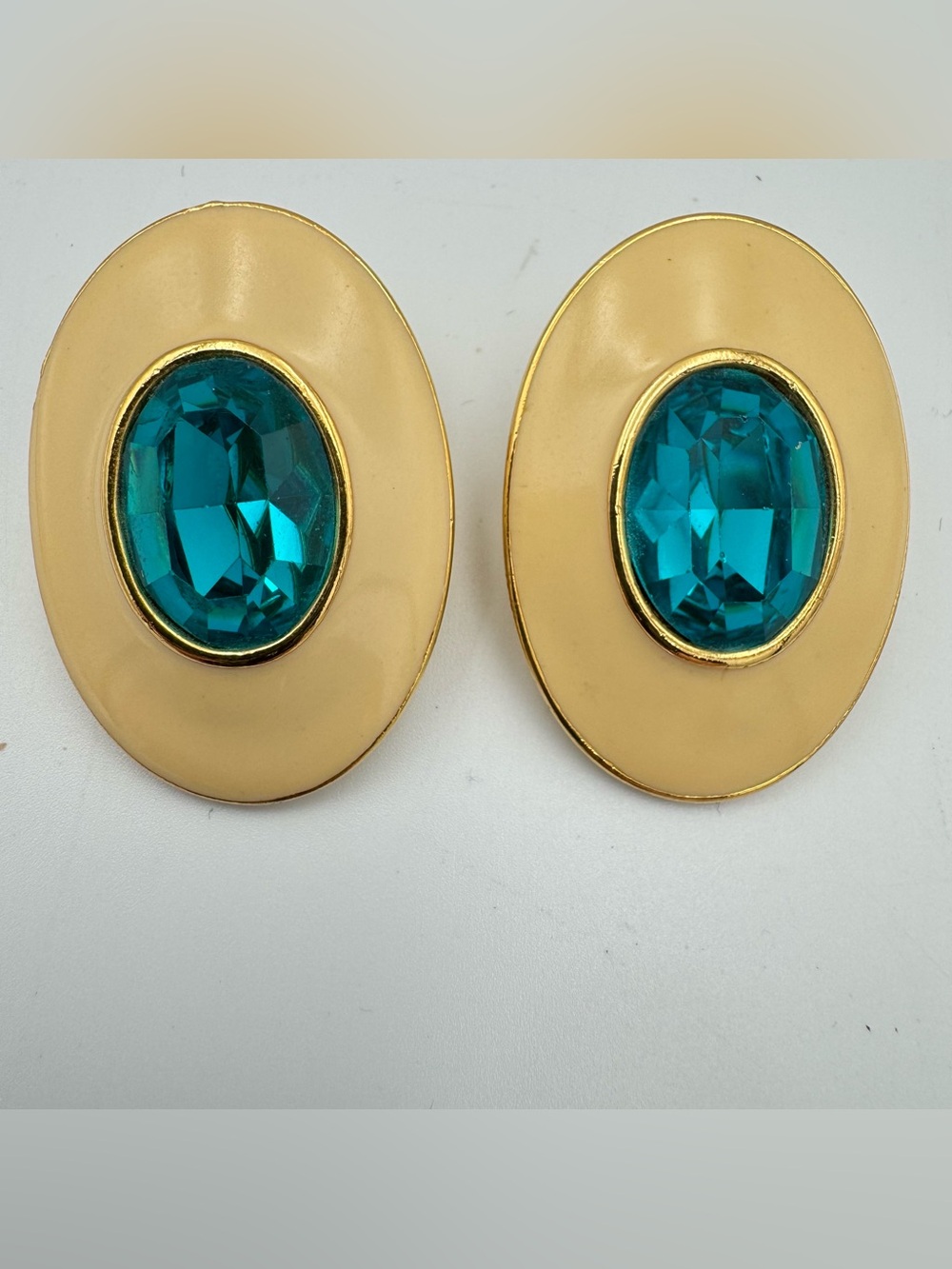 1980s Yves Saint Laurent (YSL) Chunky Gold Tone Blue Stone Oval Clip On Earrings